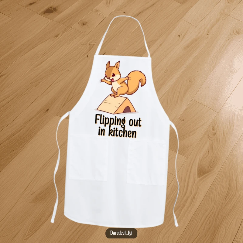 Funny squirrel apron showing a playful squirrel executing a daring flip off a mini ramp, ideal for chefs who love humor.