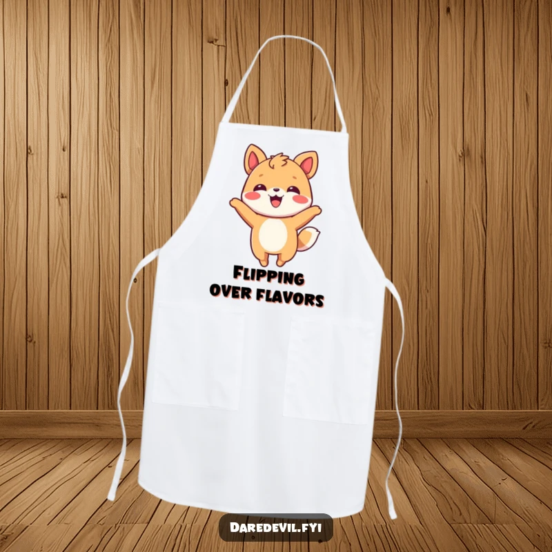 Funny Apron illustrating a smiling animal character performing a playful flip in the air, ready for kitchen fun.