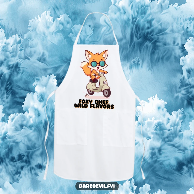 Funny Apron: A mischievous fox character leaps dramatically over a small gap on a scooter, a humorous and practical kitchen garment.