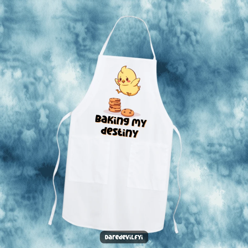Funny Apron featuring a determined chick bravely jumping over a stack of cookies, ideal for kitchen protection and humorous baking.
