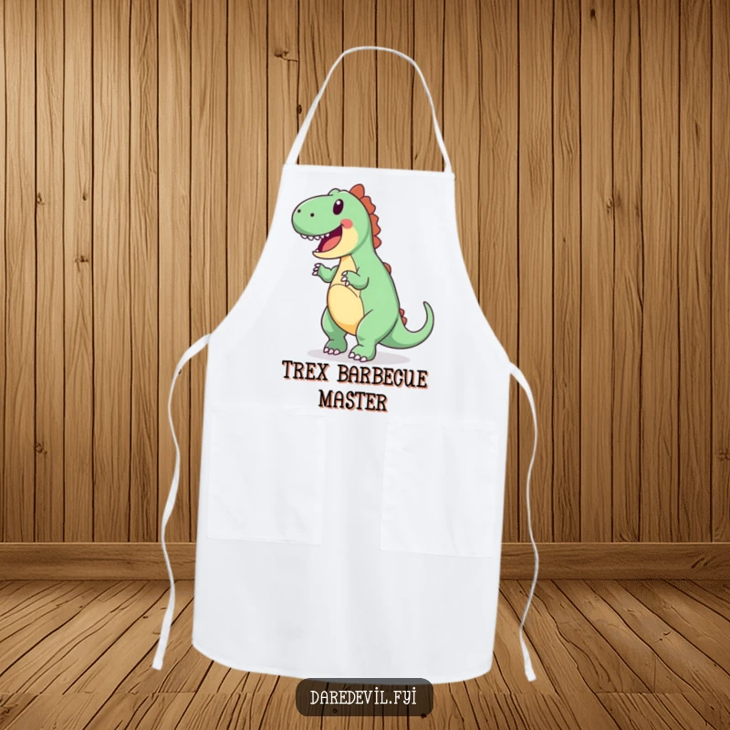 Funny apron showing a joyful dinosaur attempting a backward somersault, ideal for a fun cooking experience.