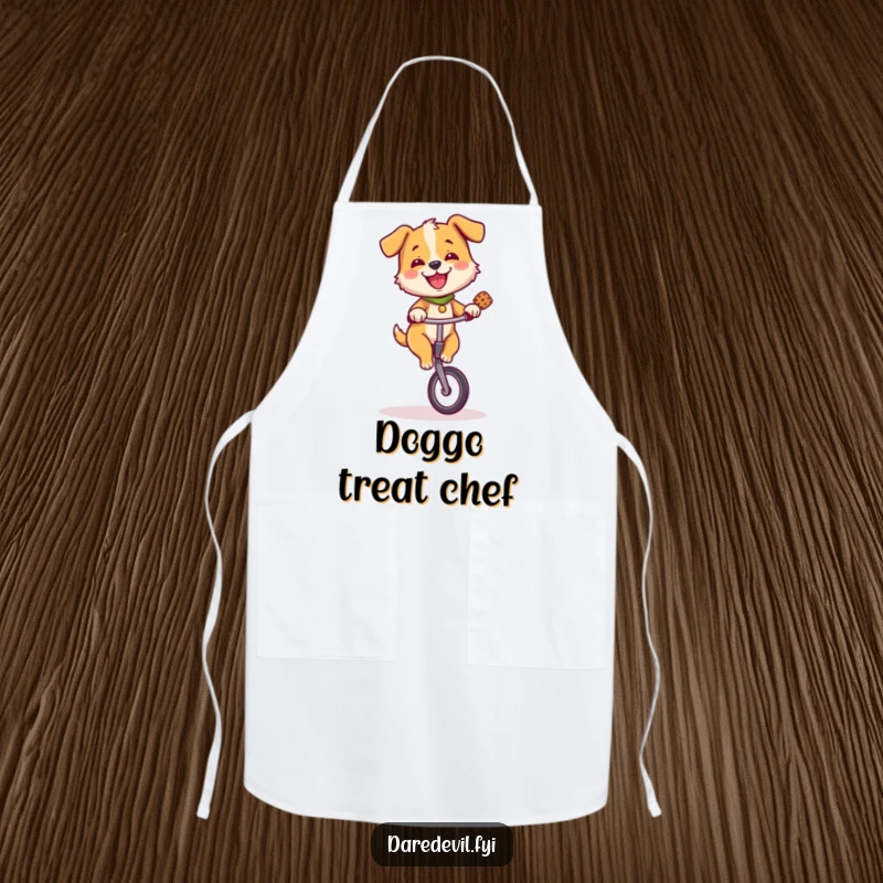 Funny dog riding a unicycle and balancing a treat, depicted on a kitchen apron for cooking fun.