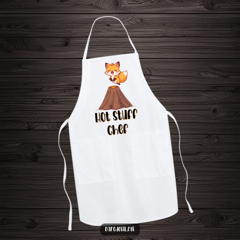Funny fox apron, depicting a fox leaping over a tiny volcano with a smile, ideal for kitchen adventures.
