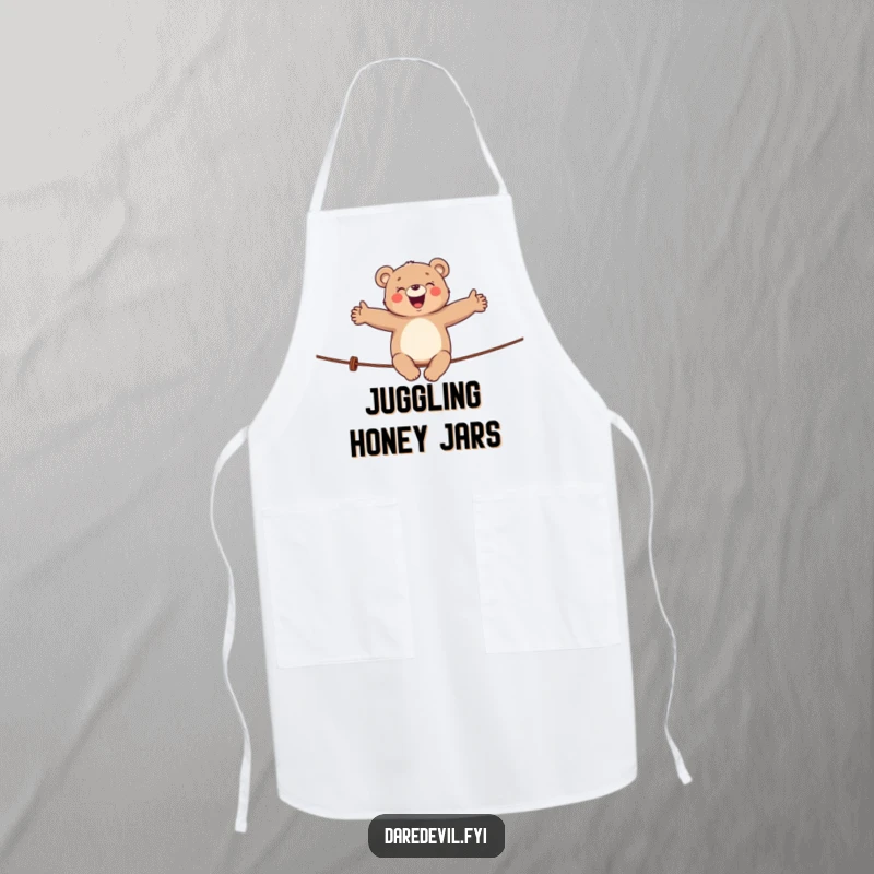 Funny bear apron featuring a giggling bear balancing on a tightrope, ideal for kitchen fun and protection.
