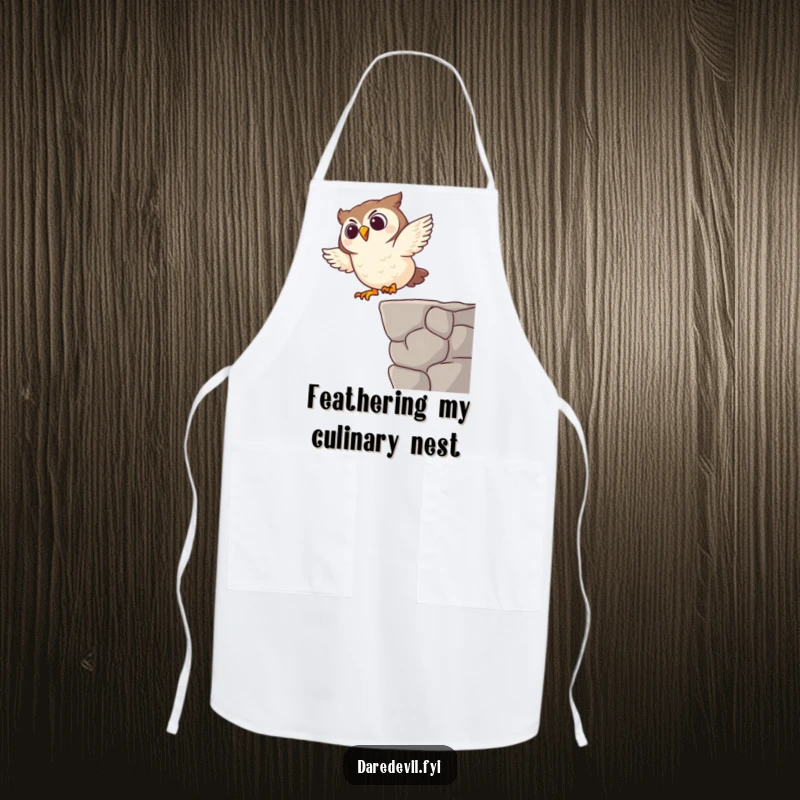 Funny apron featuring a giggling owl character making a comical dive, ideal for kitchen adventures and messy cooks.