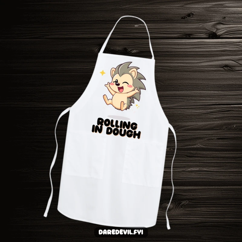 Funny hedgehog character performing a somersault while wearing a chef's hat on a humorous kitchen apron.