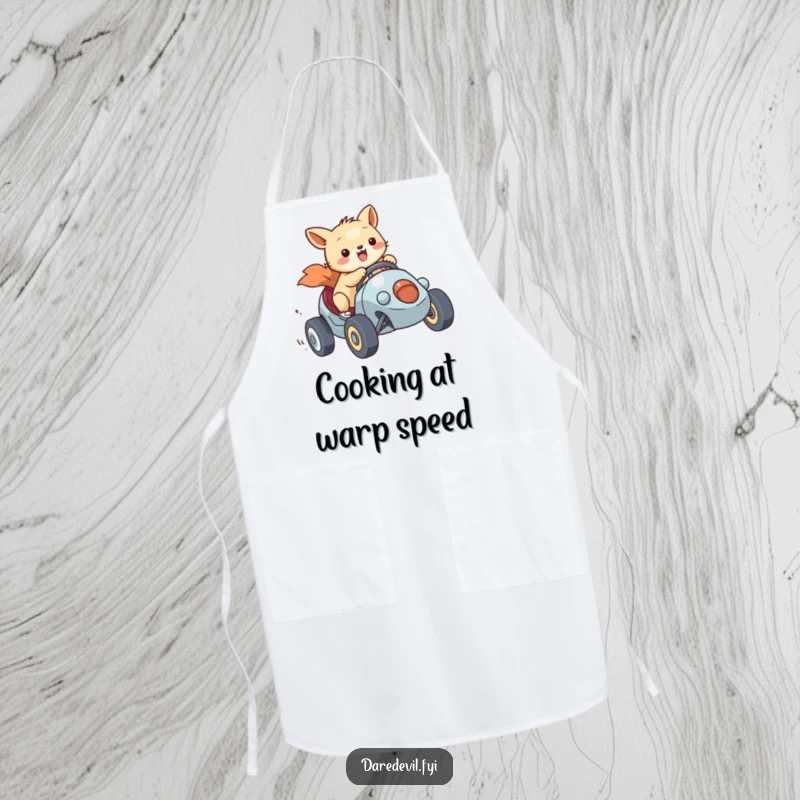 Funny Kitchen Apron showing a happy animal character racing a tiny vehicle with gusto, a humorous item for a fast chef.