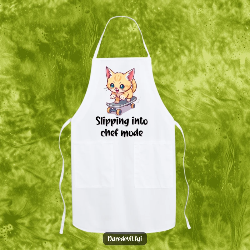 Funny apron featuring a playful kitten aggressively skateboarding down a slide, perfect for kitchen fun and protection.