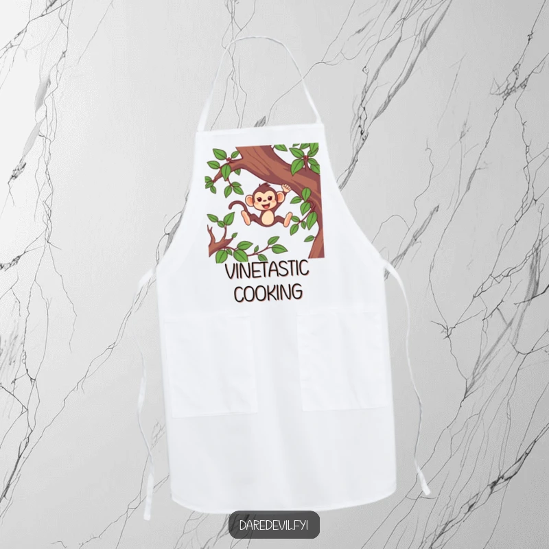 Funny monkey apron featuring a lively monkey character high-speed swinging through green vines, ready for kitchen adventures.