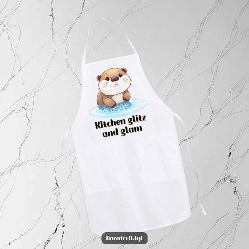 Funny otter glitter apron: an otter diving into a glitter pool, a humorous kitchen accessory.
