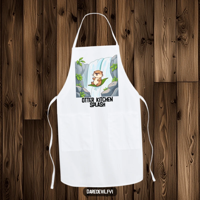 Funny otter character sliding down a waterfall on a leaf, depicted on a kitchen apron for adventurous cooking.