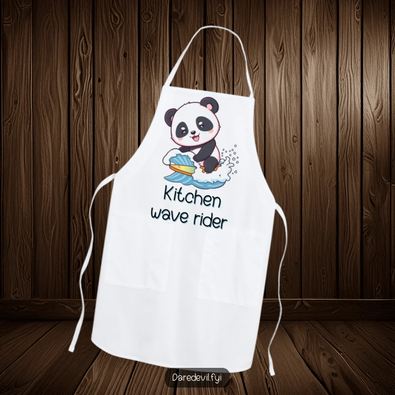 Funny Apron featuring a smiling panda attempting to surf a tiny, crashing wave, ideal for kitchen fun with a beachy theme.