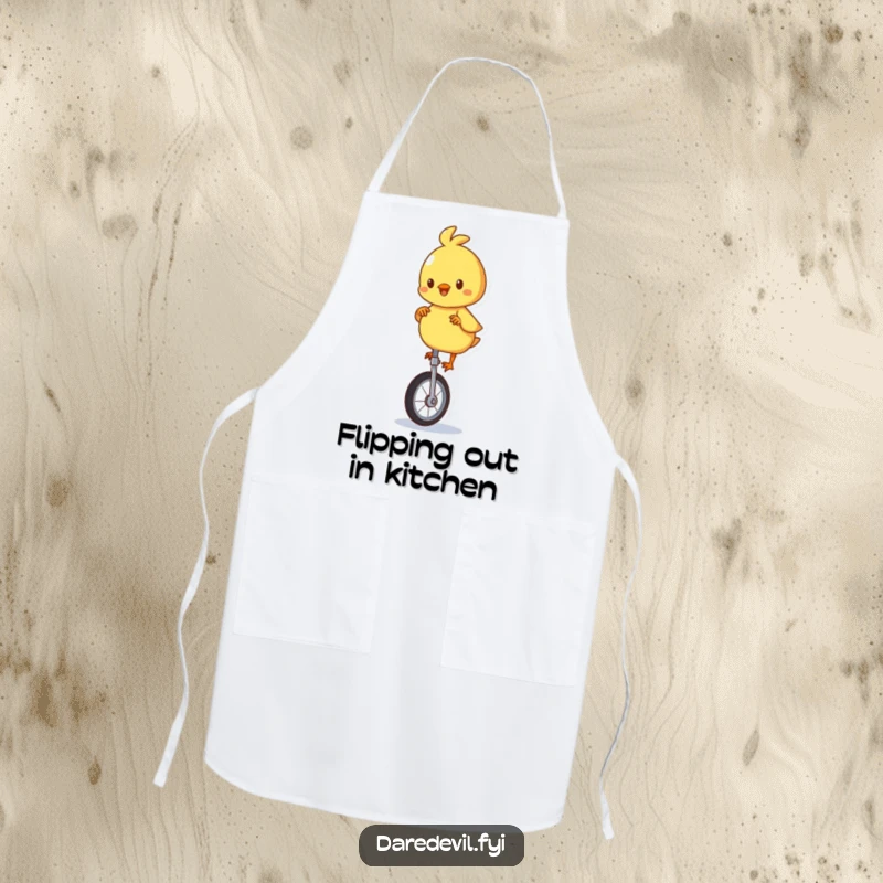 Funny apron featuring a playful chick character precariously balancing on a unicycle, great for messy cooks.