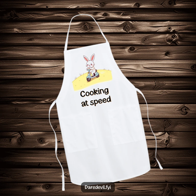 Funny rabbit scooter apron, cheerful rabbit zooming on scooter, protecting clothes with humor, functional and funny gift for cooks.