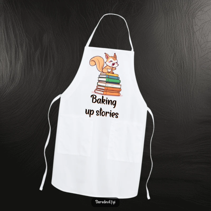 Funny apron design of a giggling squirrel character rapidly climbing a tall stack of books, ideal for protecting clothes while reading.