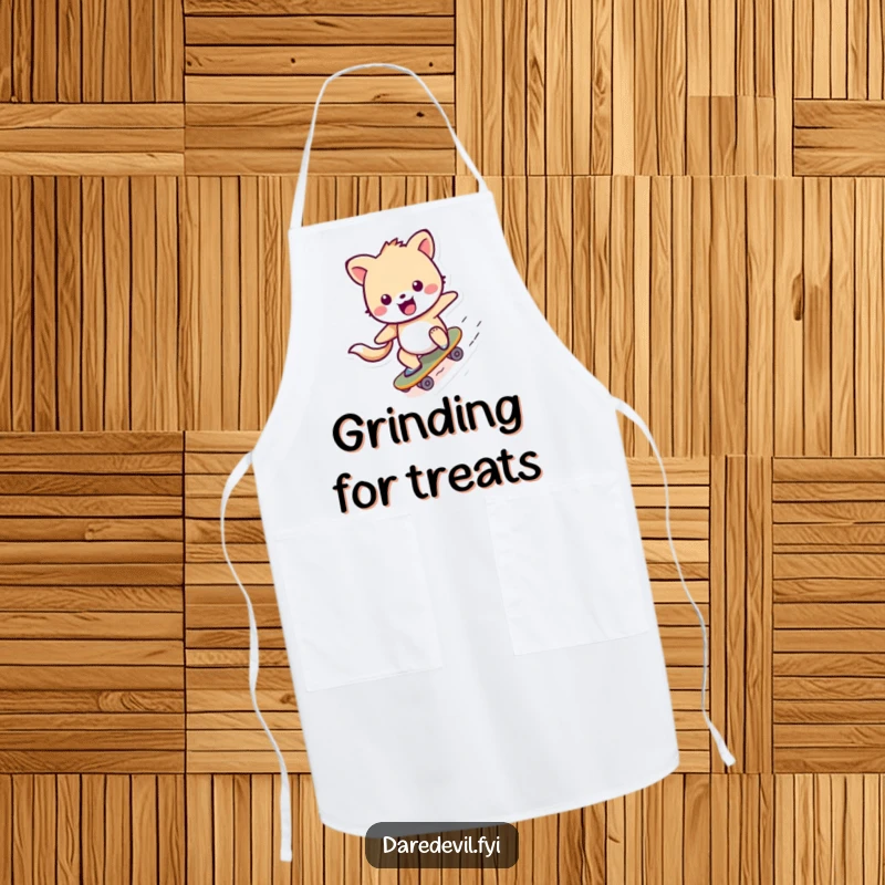 Funny Apron illustrating a cheerful animal character confidently riding a miniature skateboard down a ramp, ready for kitchen action.
