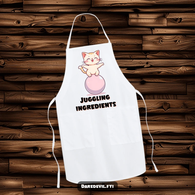 Funny cat balancing precariously on a rolling sphere, printed on a durable kitchen apron for humorous cooking adventures.