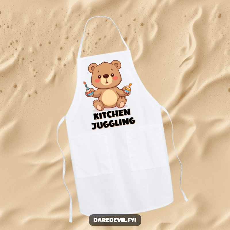 Funny Bear Apron depicting a bear cub hilariously attempting to juggle, designed for kitchen fun and protection.