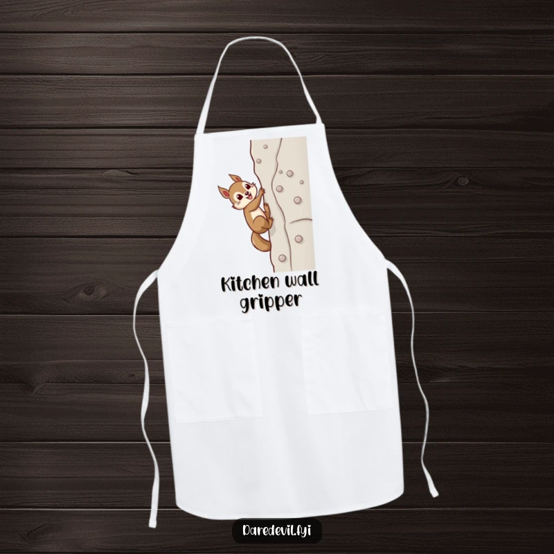 Funny squirrel character actively climbing a sheer wall using suction cups, designed for a humorous and functional kitchen apron.