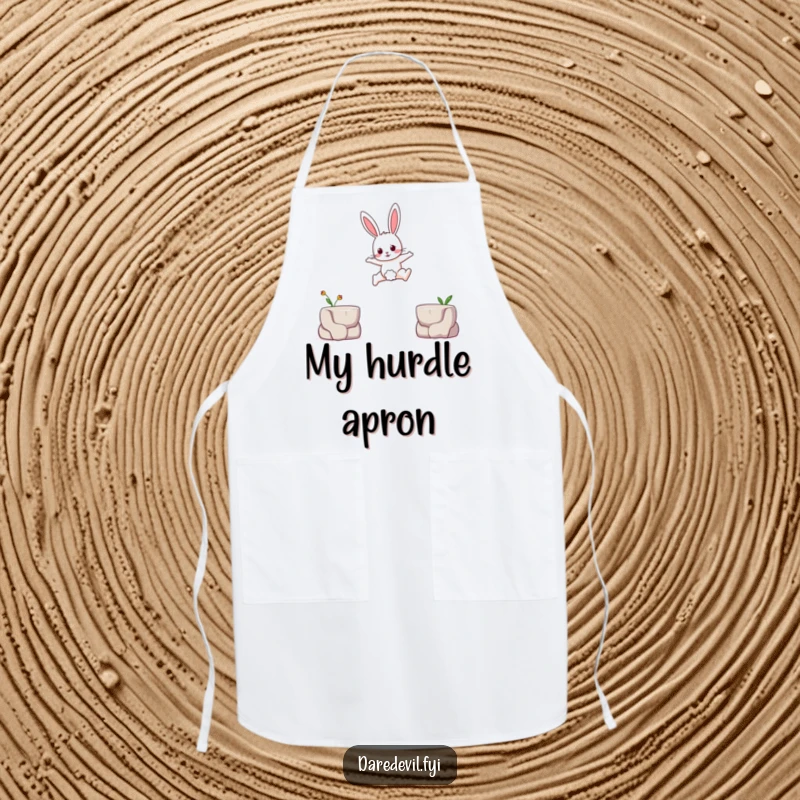 Funny apron showing a brave rabbit character leaping across a small gap between two tiny platforms, ideal for active or messy tasks.