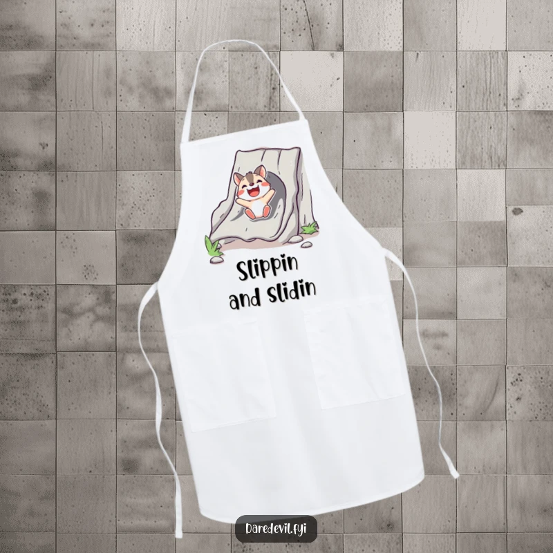 Funny Apron with a bold animal character joyfully sliding down a chute, ready for a delightful cooking session.
