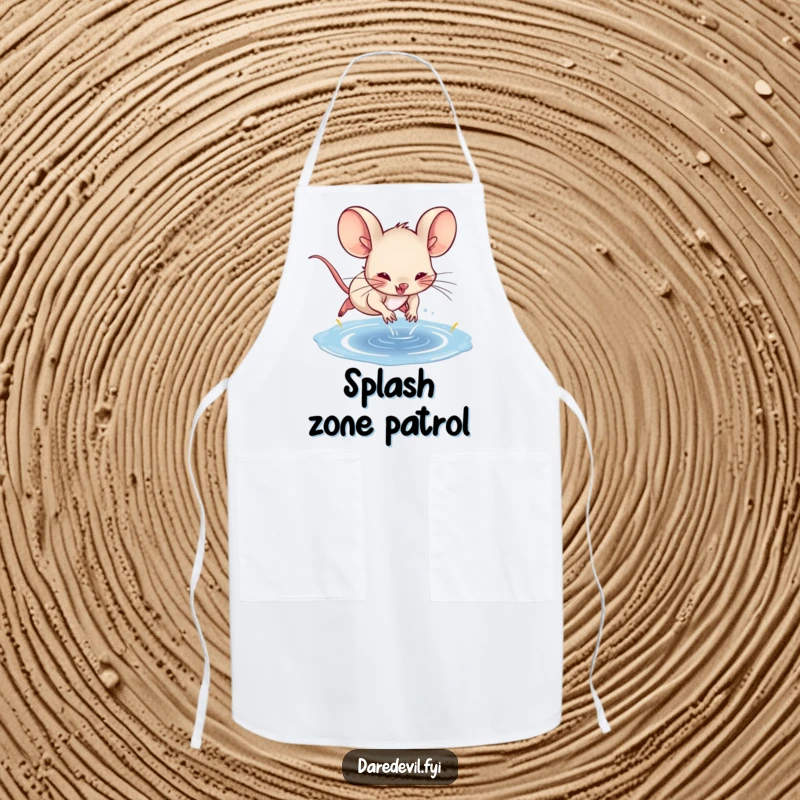 Funny spunky mouse character making a splashy dive on a humorous kitchen apron, ready for cooking adventures.