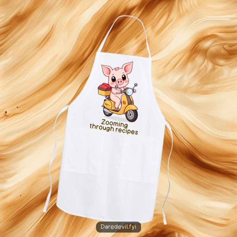 Funny piglet bravely riding a scooter with wide eyes, printed on a durable kitchen apron for humorous cooking.