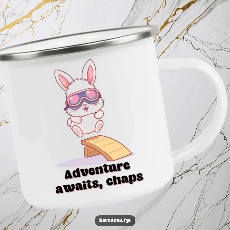 Funny camping mug depicting a fluffy bunny in oversized goggles leaping from a tiny ramp, perfect for adding cheer to outdoor trips.