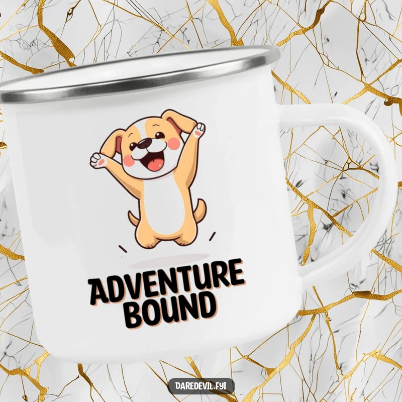 Funny Dog Camping Mug showcasing a dog performing a mid-air flip, ready for outdoor fun and humorous sips.
