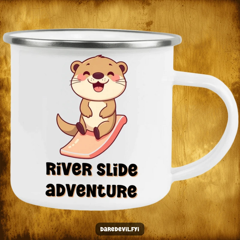 Funny Otter Camping Mug: A happy otter character zips down a tiny slide, ready for any adventure with a spirit of pure joy.