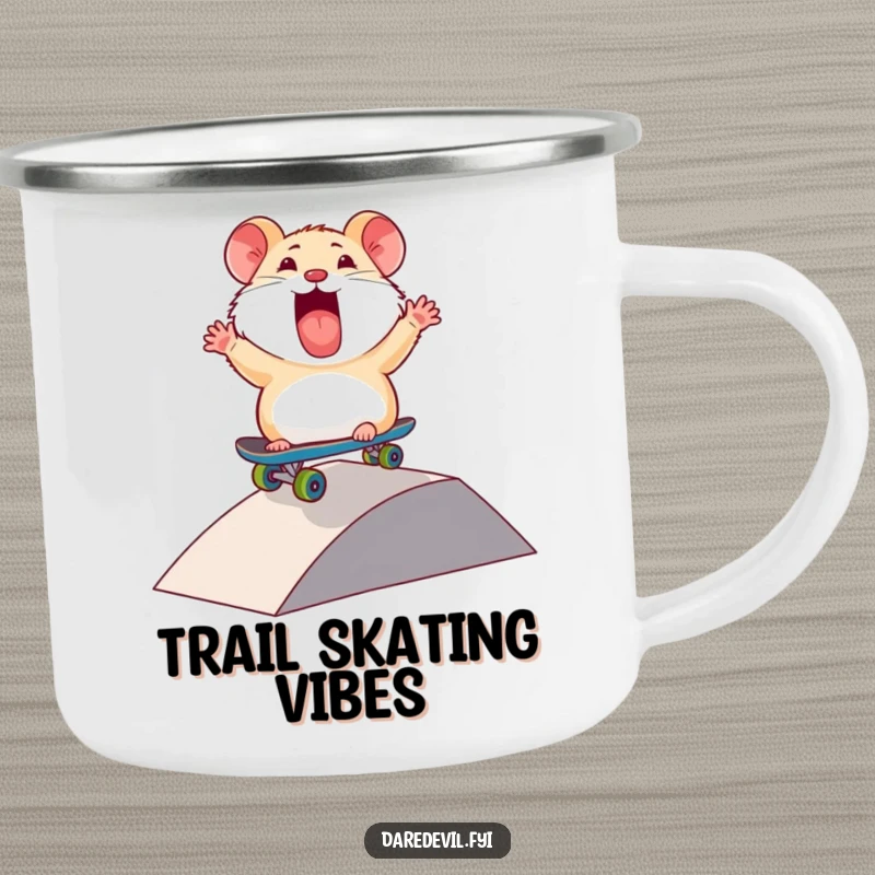 Funny Hamster Camping Mug: A thrilled hamster character rides a mini skateboard down a ramp, ready for any adventure with excitement.