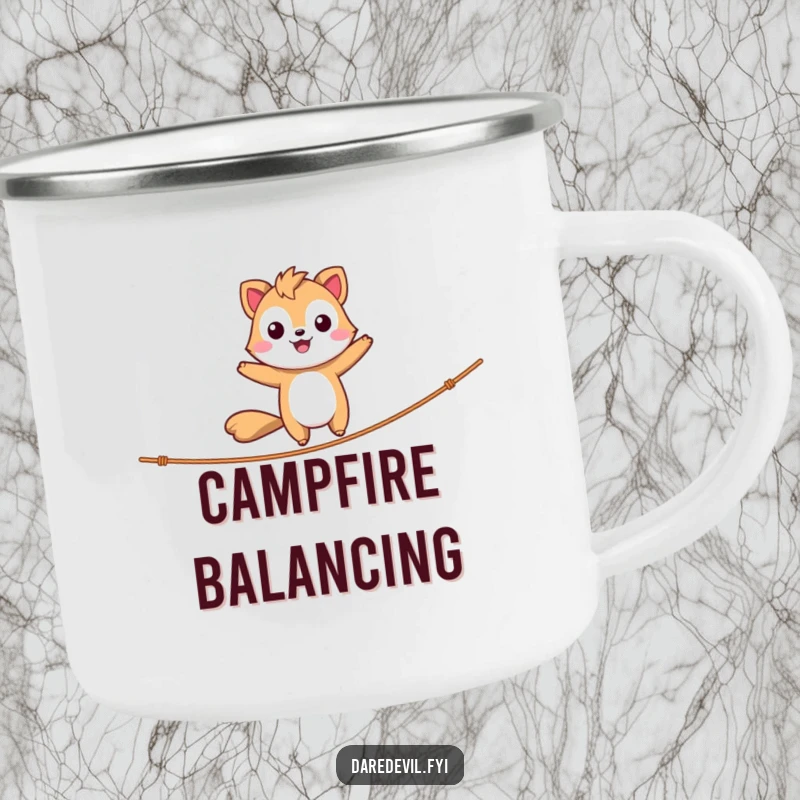 Funny Enamel Camping Mug featuring a daring animal character happily balancing on a tightrope during an outdoor adventure, a rugged funny gift.