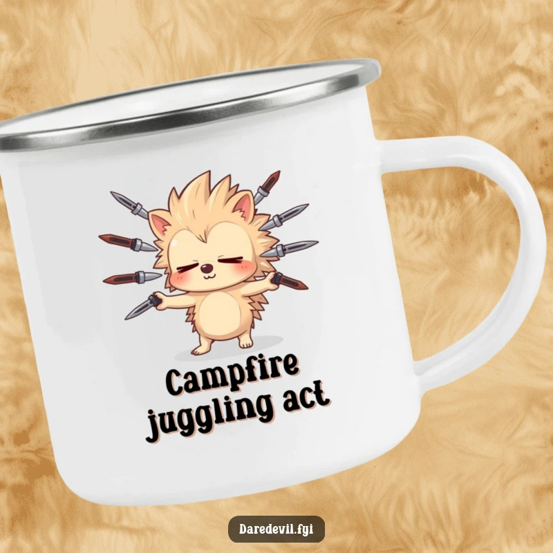 Funny sleepy hedgehog juggles sharp objects, perfect for risky outdoor adventures on a funny camping mug.