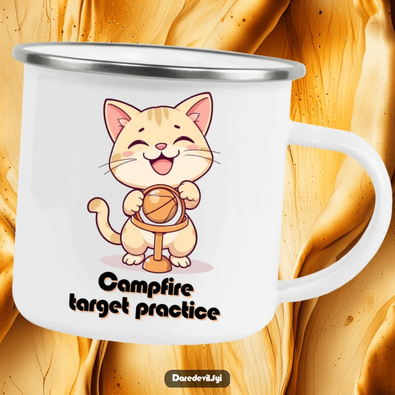 Funny grinning cat character aiming a ball at a tiny hoop on a sturdy camping mug, for game lovers.