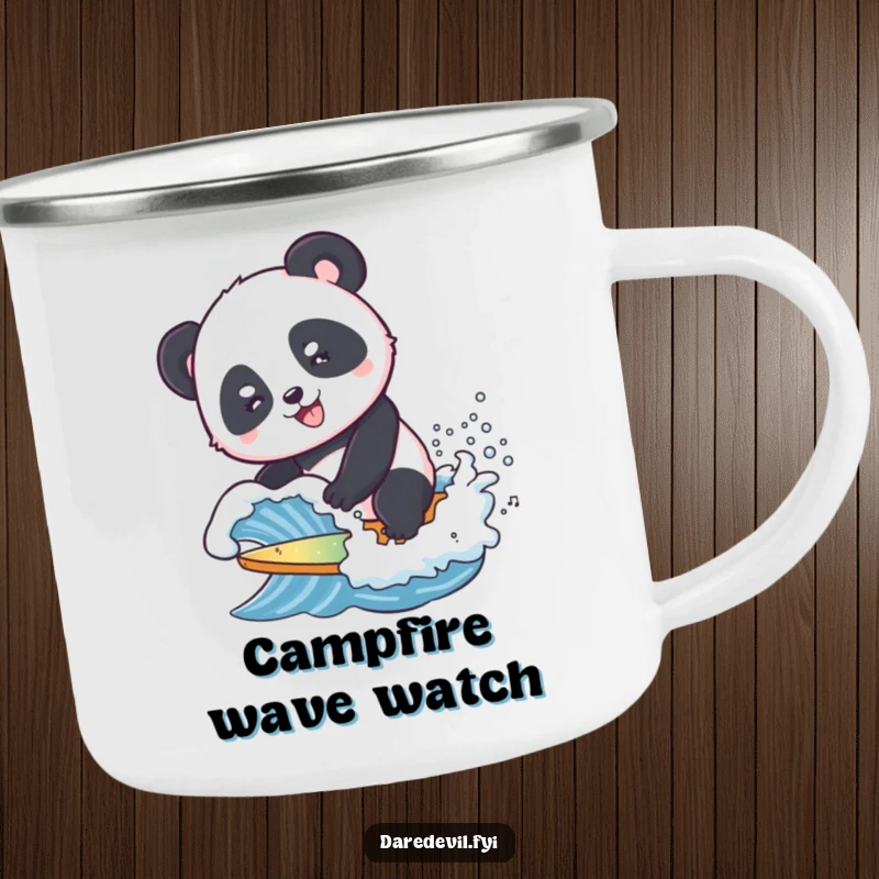 Funny Camping Mug showing a smiling panda attempting to surf a tiny, crashing wave, built for outdoor fun and cheerful sipping.