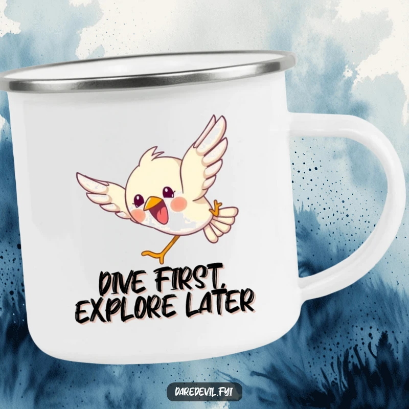 Funny camping mug with a bird in a joyful, headfirst dive, inspiring exhilarating outdoor experiences with every sip.