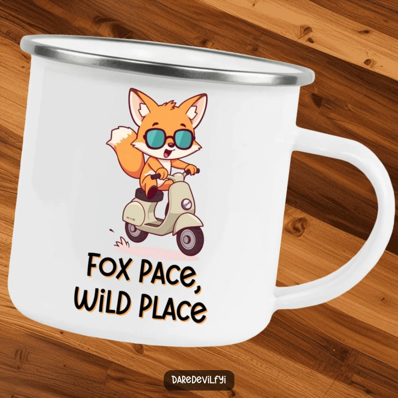 Funny Camping Mug: A mischievous fox leaps dramatically on a scooter, a humorous and rugged mug for outdoor thrills.