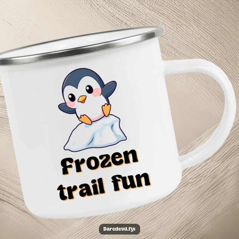 Funny Penguin Camping Mug: A playful penguin character slides down a miniature icicle, perfect for outdoor winter fun and humor.