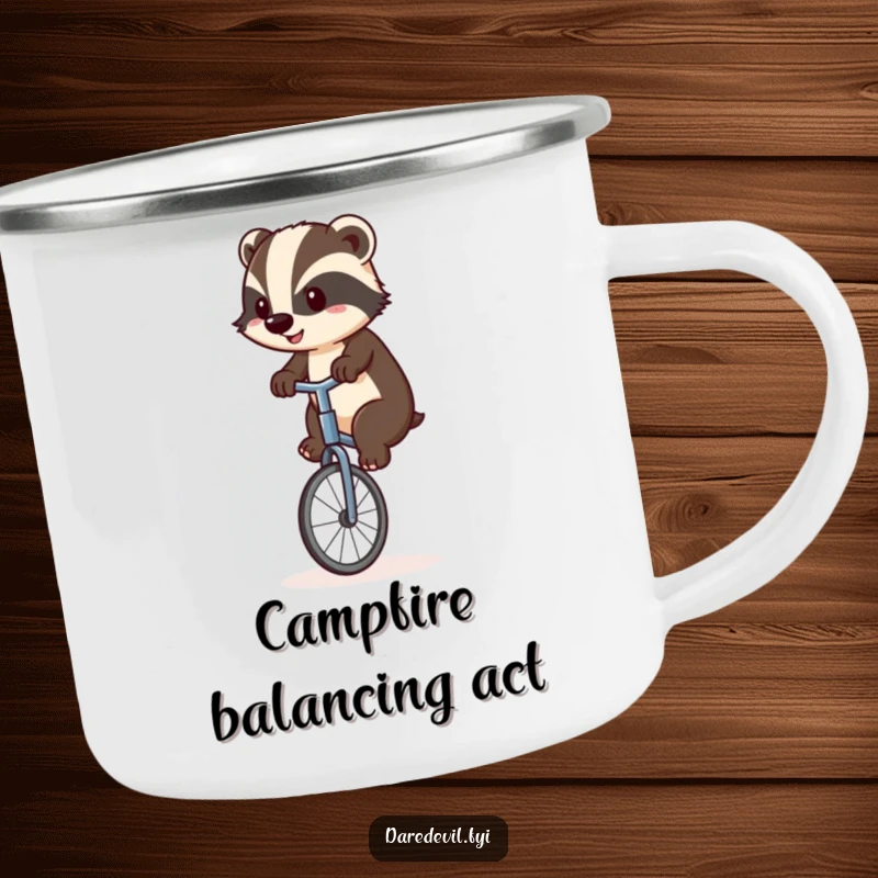 Funny badger attempting to ride a unicycle in a camping setting, showing resilience and humor, a perfect funny gift for adventurers.