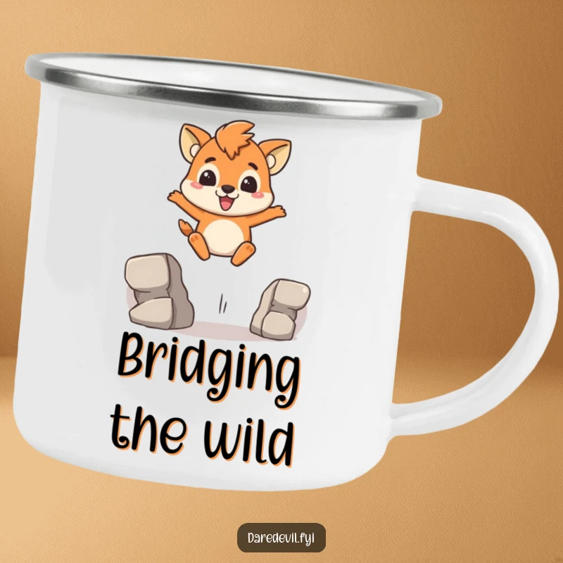 Funny Camping Mug featuring a brave animal character leaping a gap with a determined grin, designed for courageous outdoor journeys.