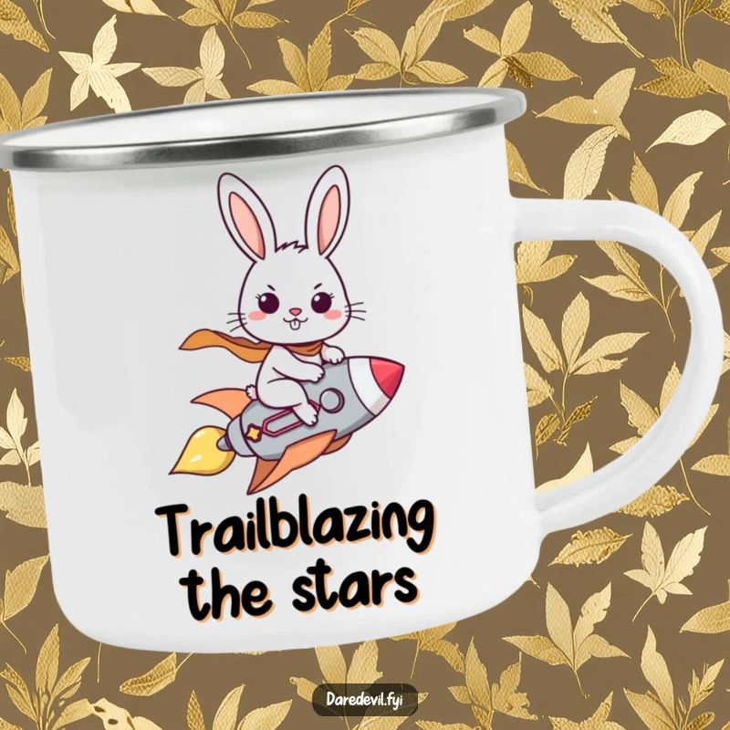 Funny camping mug with a brave rabbit character piloting a tiny rocket with a determined grin, ready for outdoor exploration.