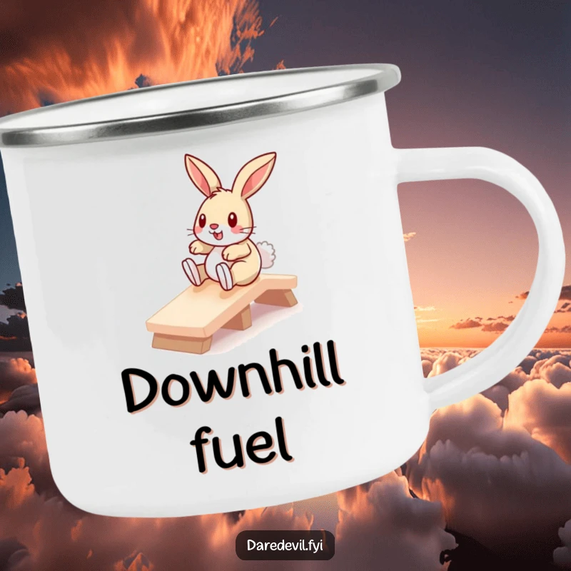Funny bunny fearlessly sliding down a miniature ramp, printed on a durable camping mug for humorous outdoor enjoyment.
