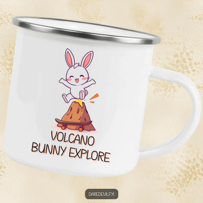 Funny bunny conquering a tiny volcano on a skateboard, depicted on a rugged camping mug for outdoor fun.