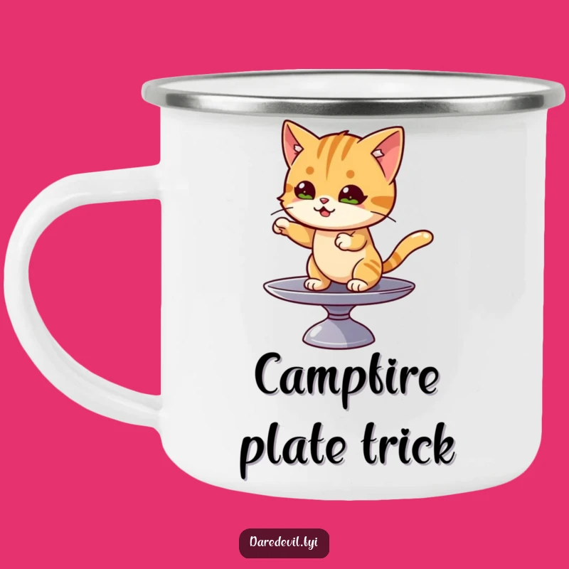 Funny Cat Plate Spin Camping Mug: Balance Your Brew on Your Next Hilarious Trip!