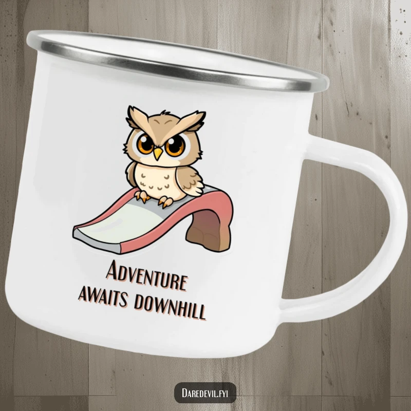 Funny camping mug with a determined owl character poised at the top of a slide, ready for an exciting zoom.