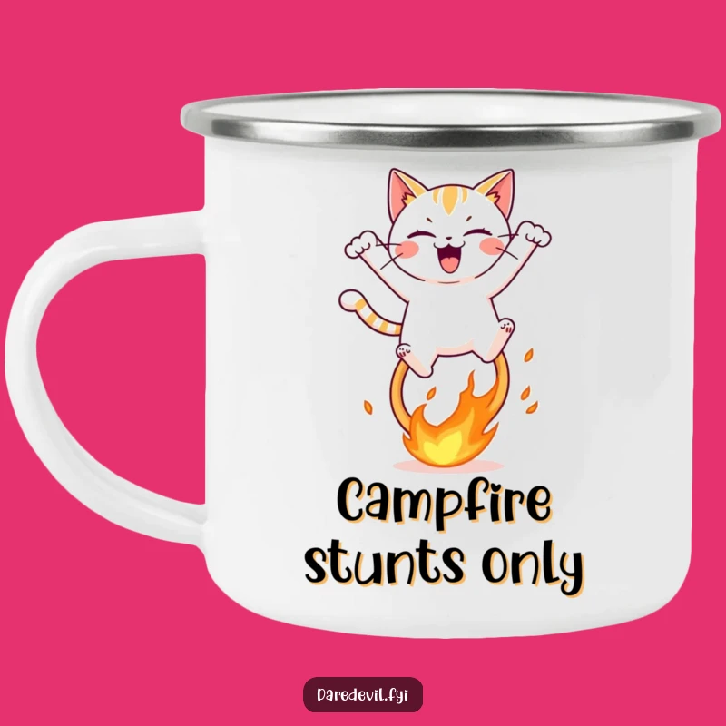 Funny Fiery Hoop Cat Camping Mug, Hilarious Outdoor Gift, Adventurous Feline Drinkware