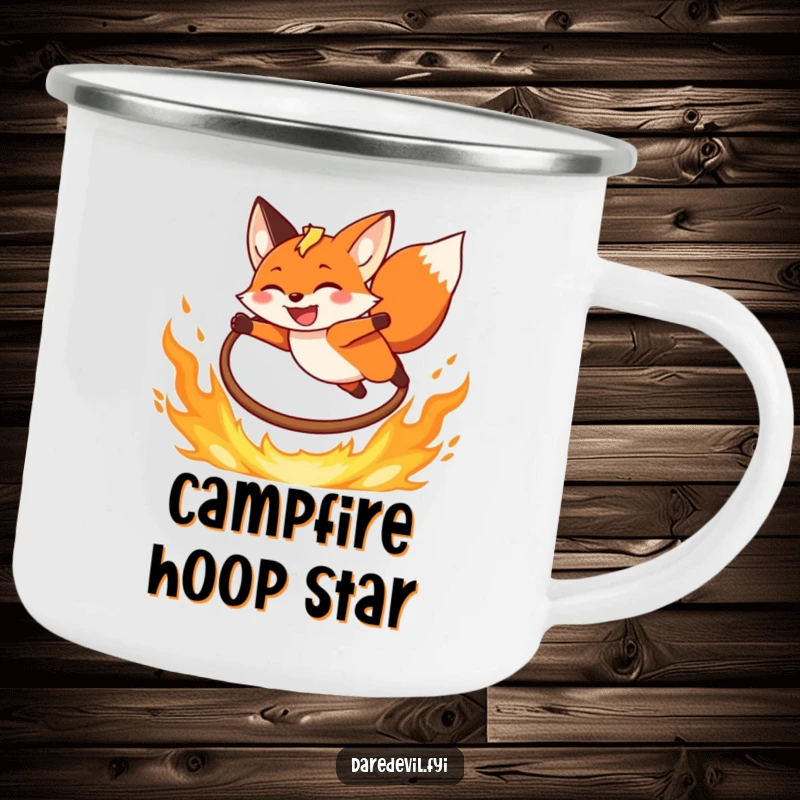 Funny Fox Camping Mug featuring a grinning fox leaping over a fiery hoop, ideal for campfire stories and bold adventures.
