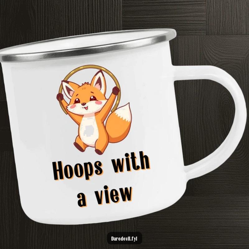 Funny fox jumping through a hoop held high, printed on a durable camping mug for humorous outdoor enjoyment.