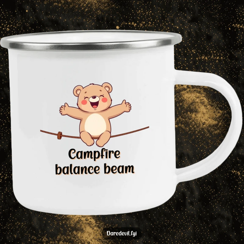 Funny bear camping mug featuring a giggling bear balancing on a tightrope, great for outdoor enthusiasts.
