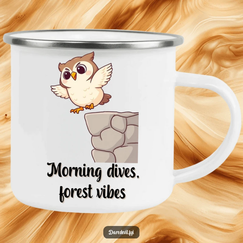 Funny camping mug with a giggling owl character mid-dive, built tough for outdoor fun and laughter.